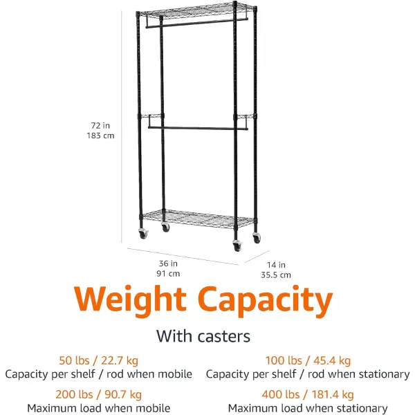 Amazon Basics Adjustable Double Hanging Rod Garment Rolling Closet Organizer Rack Black 36 x 14 x 72Black Industrial