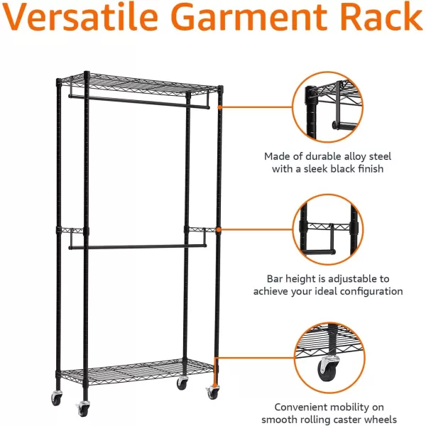 Amazon Basics Adjustable Double Hanging Rod Garment Rolling Closet Organizer Rack Black 36 x 14 x 72Black Industrial