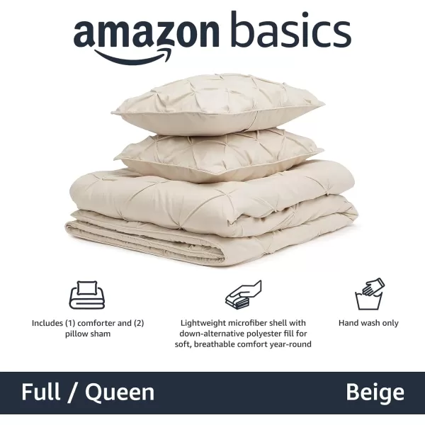 Amazon Basics AllSeason DownAlternative 3 Piece Comforter Bedding Set FullQueen Bright White PinchPleat With Piped EdgesBeige FullQueen