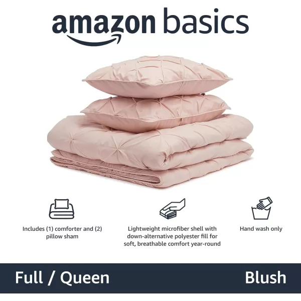 Amazon Basics AllSeason DownAlternative 3 Piece Comforter Bedding Set FullQueen Bright White PinchPleat With Piped EdgesBlush FullQueen