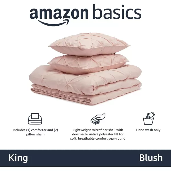 Amazon Basics AllSeason DownAlternative 3 Piece Comforter Bedding Set FullQueen Bright White PinchPleat With Piped EdgesBlush King