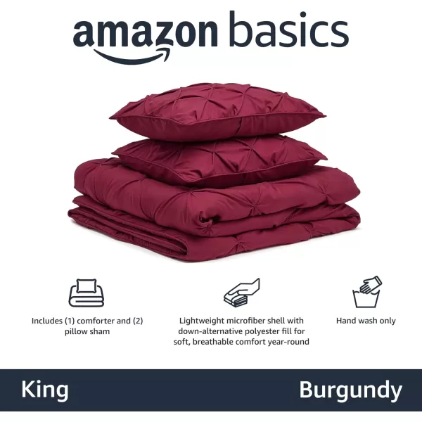 Amazon Basics AllSeason DownAlternative 3 Piece Comforter Bedding Set FullQueen Bright White PinchPleat With Piped EdgesBurgundy King