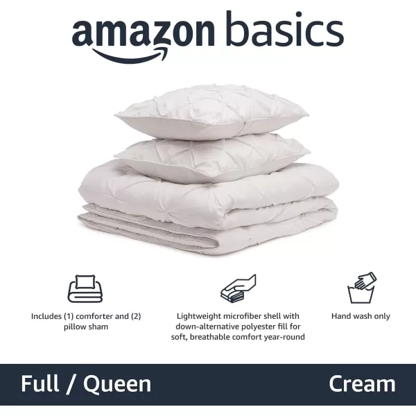 Amazon Basics AllSeason DownAlternative 3 Piece Comforter Bedding Set FullQueen Bright White PinchPleat With Piped EdgesCream FullQueen