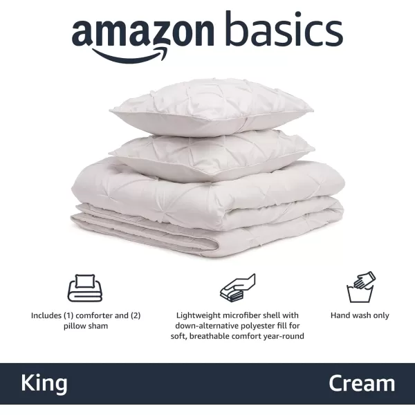 Amazon Basics AllSeason DownAlternative 3 Piece Comforter Bedding Set FullQueen Bright White PinchPleat With Piped EdgesCream King