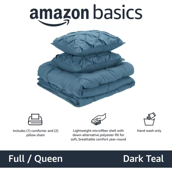 Amazon Basics AllSeason DownAlternative 3 Piece Comforter Bedding Set FullQueen Bright White PinchPleat With Piped EdgesDark Teal FullQueen