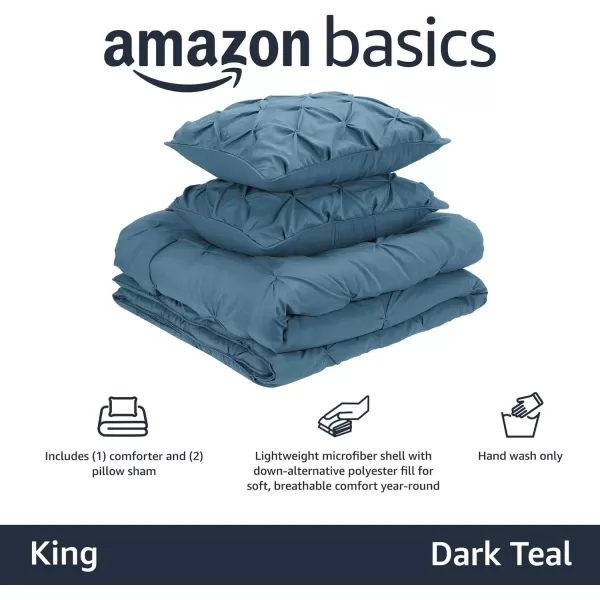 Amazon Basics AllSeason DownAlternative 3 Piece Comforter Bedding Set FullQueen Bright White PinchPleat With Piped EdgesDark Teal King