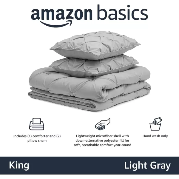 Amazon Basics AllSeason DownAlternative 3 Piece Comforter Bedding Set FullQueen Bright White PinchPleat With Piped EdgesLight Grey King