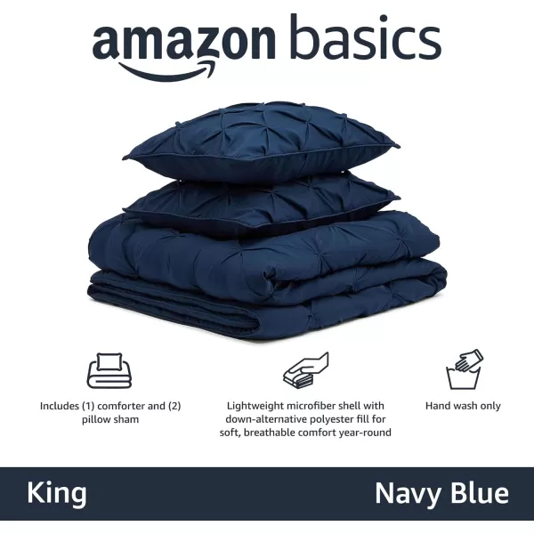 Amazon Basics AllSeason DownAlternative 3 Piece Comforter Bedding Set FullQueen Bright White PinchPleat With Piped EdgesNavy Blue King