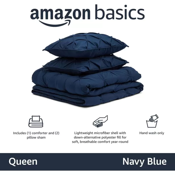 Amazon Basics AllSeason DownAlternative 3 Piece Comforter Bedding Set FullQueen Bright White PinchPleat With Piped EdgesNavy Blue Queen