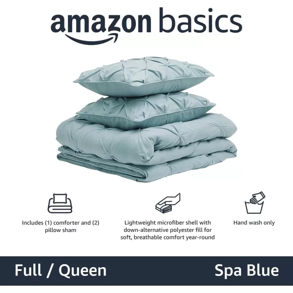 Amazon Basics AllSeason DownAlternative 3 Piece Comforter Bedding Set FullQueen Bright White PinchPleat With Piped EdgesSpa Blue FullQueen