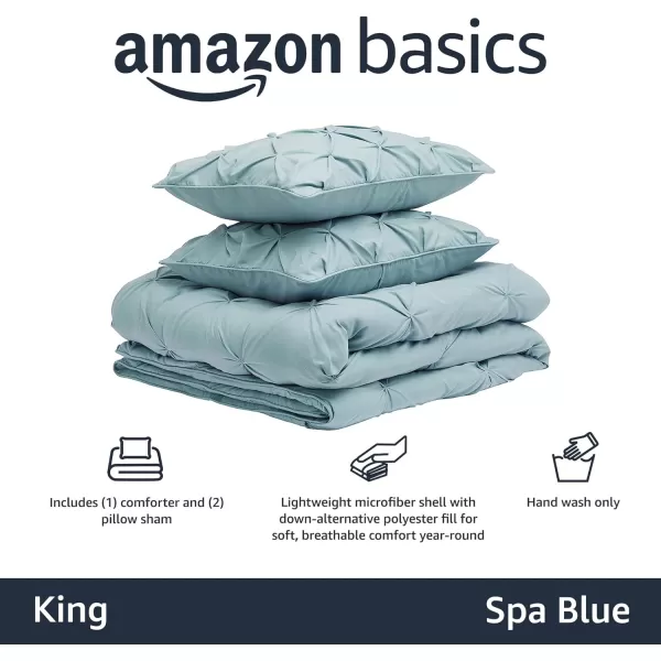 Amazon Basics AllSeason DownAlternative 3 Piece Comforter Bedding Set FullQueen Bright White PinchPleat With Piped EdgesSpa Blue King