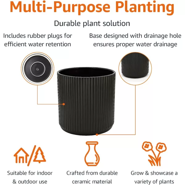 Amazon Basics Assorted Sizes Fluted Ceramic Round Planters Set of 3 Black 6Inch 8Inch 10Inch10Inch Black