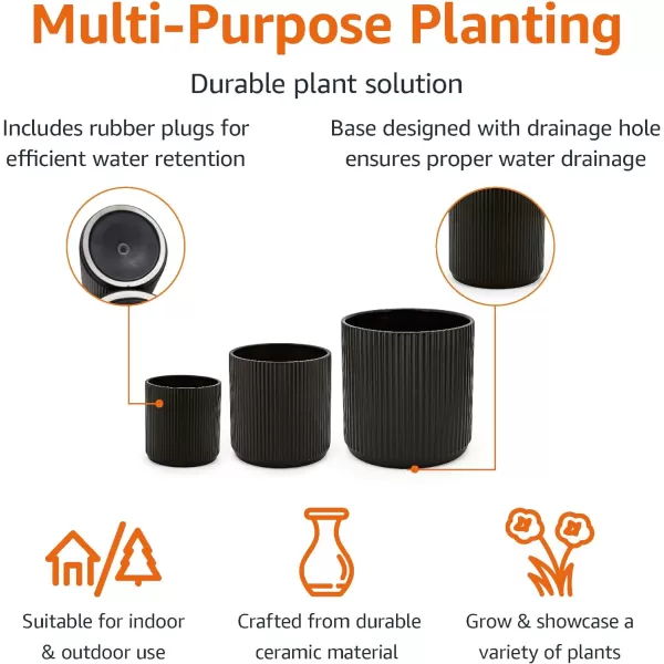 Amazon Basics Assorted Sizes Fluted Ceramic Round Planters Set of 3 Black 6Inch 8Inch 10Inch6Inch 8Inch 10Inch Black