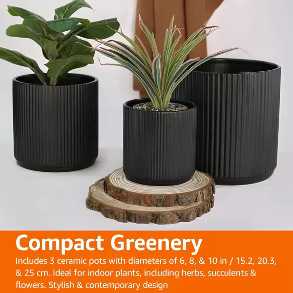 Amazon Basics Assorted Sizes Fluted Ceramic Round Planters Set of 3 Black 6Inch 8Inch 10Inch6Inch 8Inch 10Inch Black