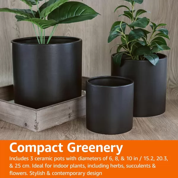Amazon Basics Assorted Sizes Smooth Ceramic Round Planters Set of 3 Black 6Inch 8Inch 10InchBlack