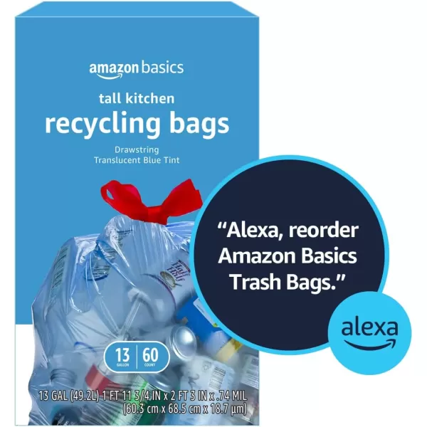 Amazon Basics Blue Recycling Trash Bags Unscented 13 Gallon 60 countAmazon Basics Blue Recycling Trash Bags Unscented 13 Gallon 60 count