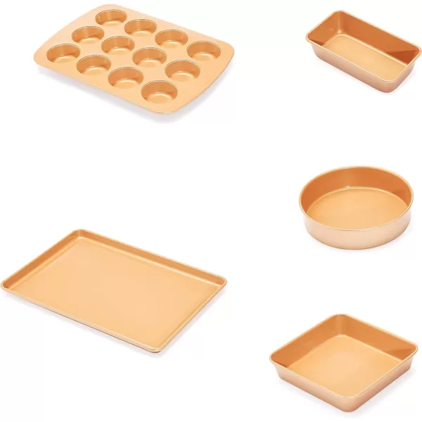 Amazon Basics Ceramic Nonstick Baking Sheets and Pans Bakeware Set 5Piece Set Copper Color5Piece Set