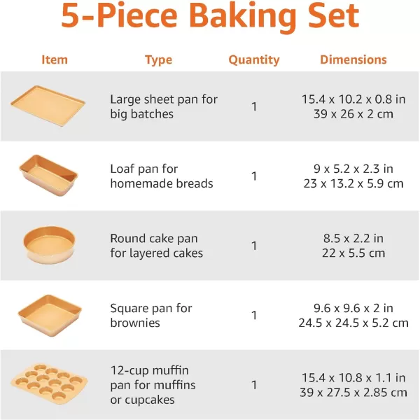 Amazon Basics Ceramic Nonstick Baking Sheets and Pans Bakeware Set 5Piece Set Copper Color5Piece Set