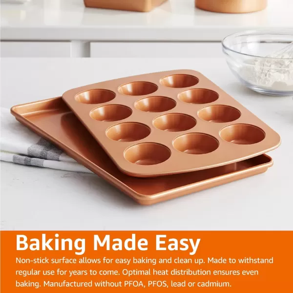 Amazon Basics Ceramic Nonstick Baking Sheets and Pans Bakeware Set 5Piece Set Copper Color5Piece Set