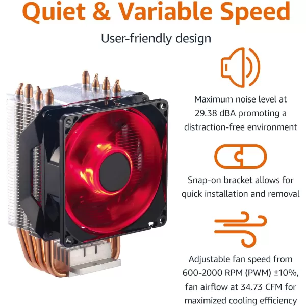 Amazon Basics Computer Cooling Fan with Cooler Master Technology CPU Air Cooler 4 Heat Pipes RGB LED PWM Aluminum FinsAmazon Basics Computer Cooling Fan with Cooler Master Technology CPU Air Cooler 4 Heat Pipes RGB LED PWM Aluminum Fins