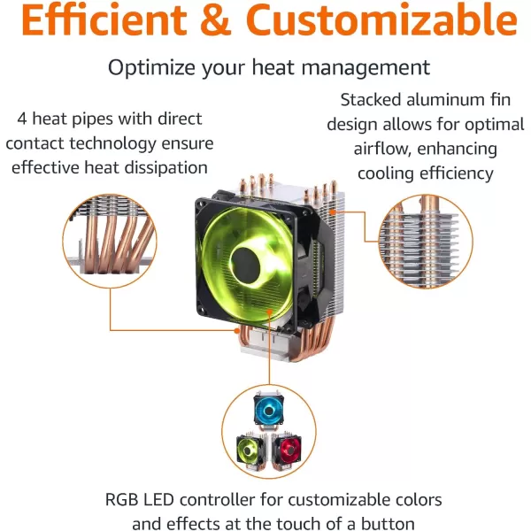 Amazon Basics Computer Cooling Fan with Cooler Master Technology CPU Air Cooler 4 Heat Pipes RGB LED PWM Aluminum FinsAmazon Basics Computer Cooling Fan with Cooler Master Technology CPU Air Cooler 4 Heat Pipes RGB LED PWM Aluminum Fins