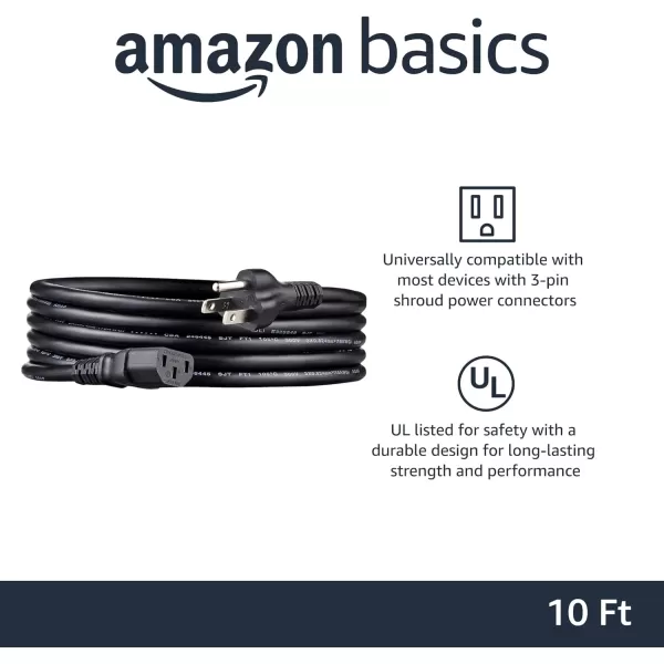 Amazon Basics Computer Monitor TV Replacement Power Cord 10 Black10 5Pack 5 Count Power Cord