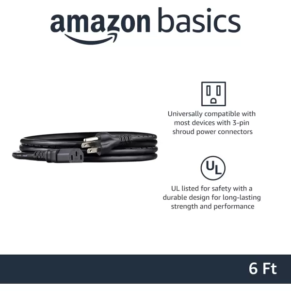 Amazon Basics Computer Monitor TV Replacement Power Cord 10 Black6 1Pack Power Cord