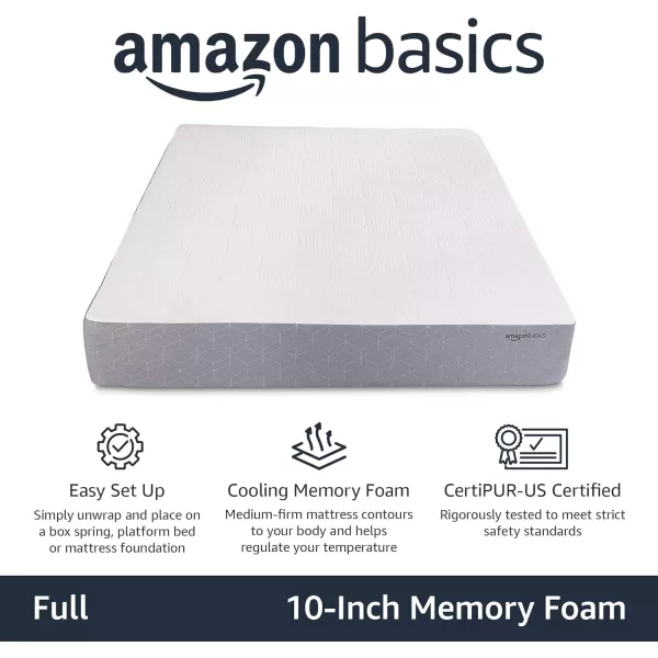 Amazon Basics Cooling Gel Memory Foam Mattress MediumFirm CertiPURUS Certified 10 inch Full Size WhiteGrayFull 10inch Memory Foam Medium Feel