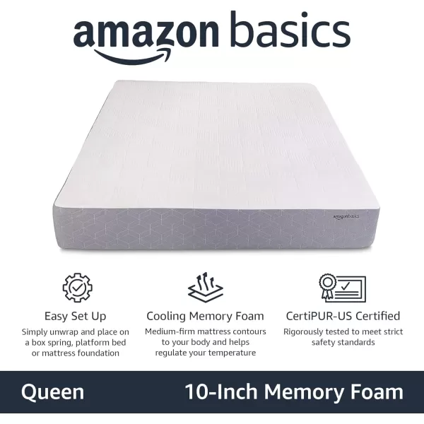 Amazon Basics Cooling Gel Memory Foam Mattress MediumFirm CertiPURUS Certified 10 inch Full Size WhiteGrayQueen 10inch Memory Foam Medium Feel