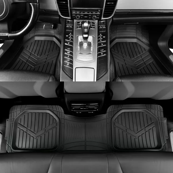 Amazon Basics Deep Dish Universal Heavy Duty PVC Faux Rubber Floor Mats Set 4piece with Cargo Liner AllWeather Protection waterproof Trim To Fit for Cars Automotive SUVs Sedan Trucks BlackBlack Thick Heavy Duty Rubber 4Piece