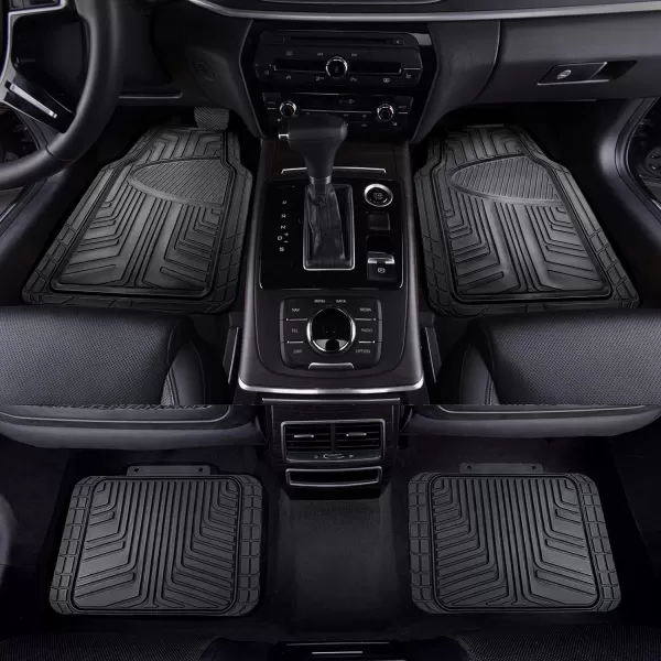 Amazon Basics Deep Dish Universal Heavy Duty PVC Faux Rubber Floor Mats Set 4piece with Cargo Liner AllWeather Protection waterproof Trim To Fit for Cars Automotive SUVs Sedan Trucks BlackBlack Thick Premium Rubber 4Piece