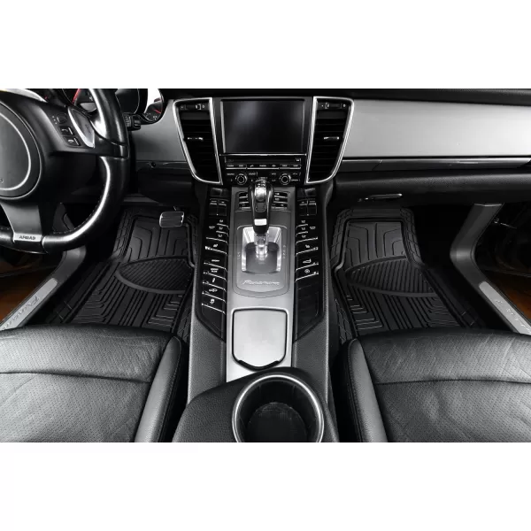 Amazon Basics Deep Dish Universal Heavy Duty PVC Faux Rubber Floor Mats Set 4piece with Cargo Liner AllWeather Protection waterproof Trim To Fit for Cars Automotive SUVs Sedan Trucks BlackBlack Thick Premium Rubber 2Piece