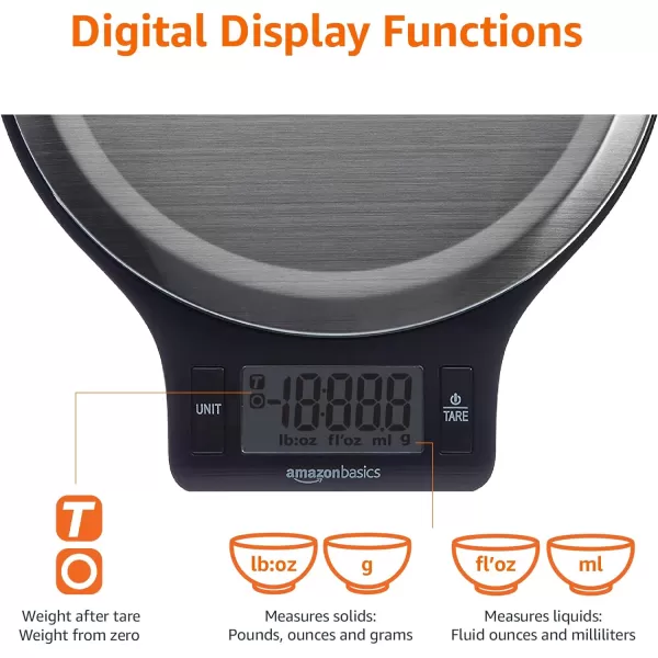 Amazon Basics Digital Kitchen Scale with LCD Display Batteries Included Weighs up to 11 pounds Black and Stainless SteelAmazon Basics Digital Kitchen Scale with LCD Display Batteries Included Weighs up to 11 pounds Black and Stainless Steel
