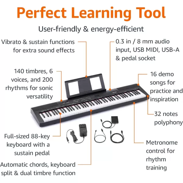 Amazon Basics Digital Piano 88 Key SemiWeighted Keyboard with Sustain Pedal Power Supply 2 Speakers and Lesson Mode BlackAmazon Basics Digital Piano 88 Key SemiWeighted Keyboard with Sustain Pedal Power Supply 2 Speakers and Lesson Mode Black