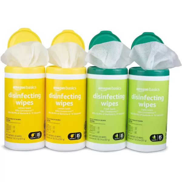 Amazon Basics Disinfecting Wipes Lemon amp Fresh Scent SanitizesCleansDisinfectsDeodorizes White 340 Count 4 Packs of 85 Previously Solimo85 Count Pack of 4 4Pack2 Lemon 2 Fresh
