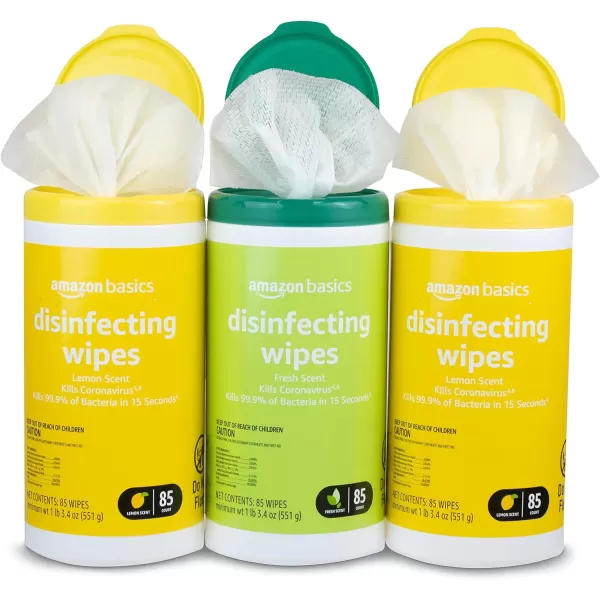 Amazon Basics Disinfecting Wipes Lemon amp Fresh Scent SanitizesCleansDisinfectsDeodorizes White 340 Count 4 Packs of 85 Previously Solimo85 Count Pack of 3 3 Pack2 Lemon 1 Fresh
