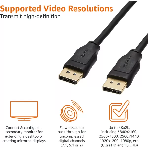 Amazon Basics DisplayPort 12 Cable 216Gbps HighSpeed 4K60Hz 2K165Hz GoldPlated Plugs 6 Foot Black3 Feet 1Pack