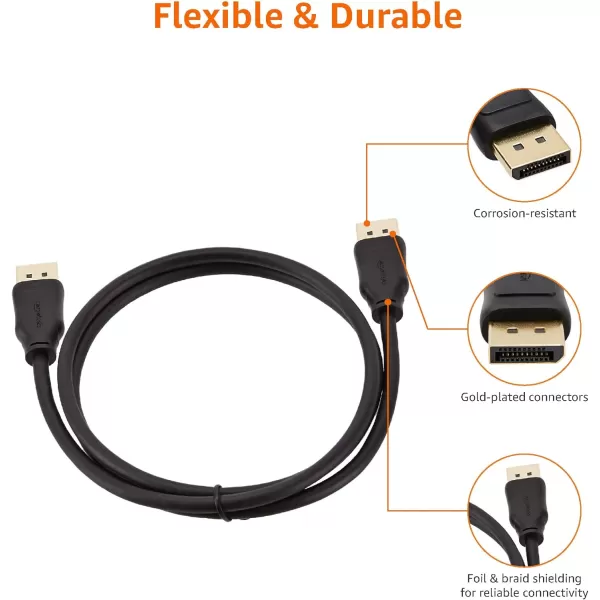 Amazon Basics DisplayPort 12 Cable 216Gbps HighSpeed 4K60Hz 2K165Hz GoldPlated Plugs 6 Foot Black3 Feet 1Pack