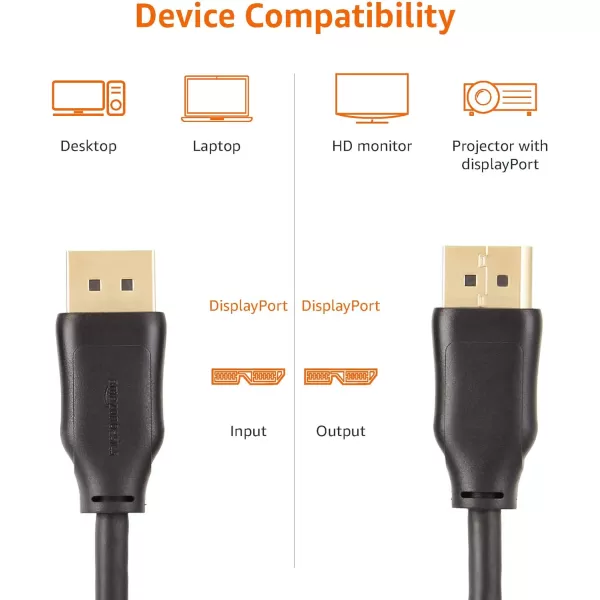 Amazon Basics DisplayPort 12 Cable 216Gbps HighSpeed 4K60Hz 2K165Hz GoldPlated Plugs 6 Foot Black3 Feet 1Pack