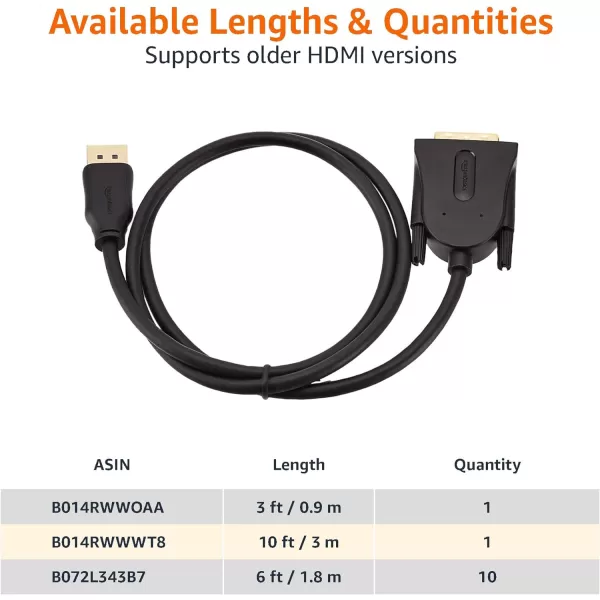 Amazon Basics DisplayPort to DVI Display Cable 1920x1080p 108060Hz Vinyl Cable GoldPlated Plugs 6 Foot Black10 Feet 1Pack