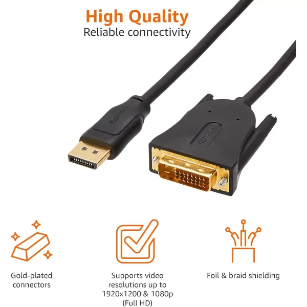 Amazon Basics DisplayPort to DVI Display Cable 1920x1080p 108060Hz Vinyl Cable GoldPlated Plugs 6 Foot Black3 Feet 1Pack