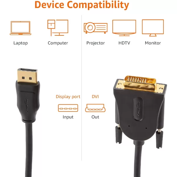 Amazon Basics DisplayPort to DVI Display Cable 1920x1080p 108060Hz Vinyl Cable GoldPlated Plugs 6 Foot Black3 Feet 1Pack