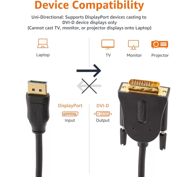 Amazon Basics DisplayPort to DVI Display Cable 1920x1080p 108060Hz Vinyl Cable GoldPlated Plugs 6 Foot Black6 Feet 1Pack