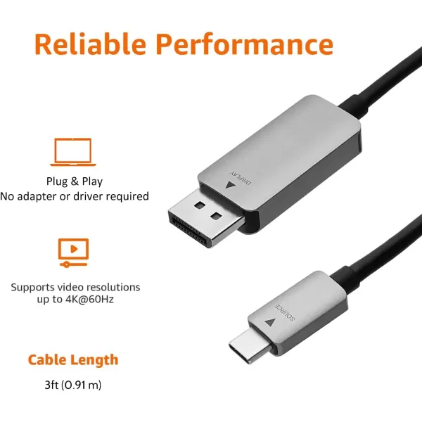 Amazon Basics DisplayPort to USBC Cable 4Kx2K60Hz Aluminum Housing 6 Feet Black3Foot