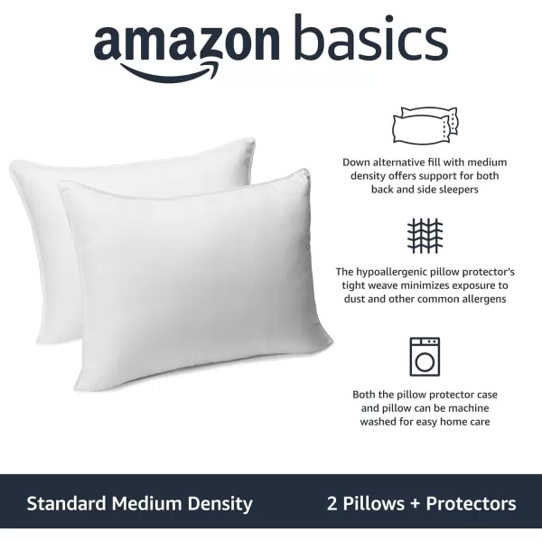 Amazon Basics Down Alternative Pillows Soft Density For Stomach and Back Sleepers Standard Pack of 2 White 26 in L x 20 in WKing 2 Pack  Protectors Medium