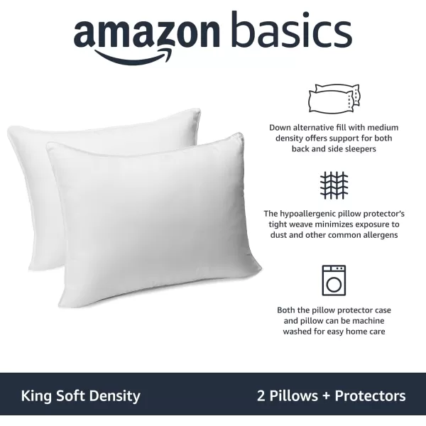 Amazon Basics Down Alternative Pillows Soft Density For Stomach and Back Sleepers Standard Pack of 2 White 26 in L x 20 in WKing 2 Pack  Protectors Soft