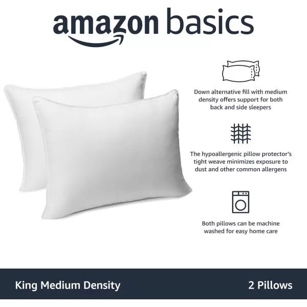 Amazon Basics Down Alternative Pillows Soft Density For Stomach and Back Sleepers Standard Pack of 2 White 26 in L x 20 in WKing Pack of 2 Medium