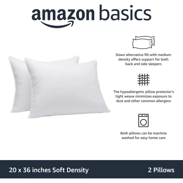 Amazon Basics Down Alternative Pillows Soft Density For Stomach and Back Sleepers Standard Pack of 2 White 26 in L x 20 in WKing Pack of 2 Soft