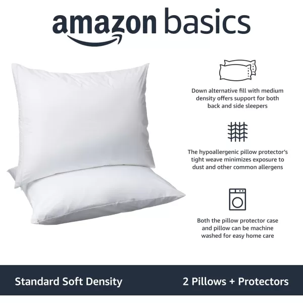 Amazon Basics Down Alternative Pillows Soft Density For Stomach and Back Sleepers Standard Pack of 2 White 26 in L x 20 in WStandard 2 Pack  Protectors Soft