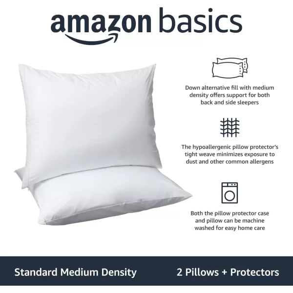 Amazon Basics Down Alternative Pillows Soft Density For Stomach and Back Sleepers Standard Pack of 2 White 26 in L x 20 in WStandard 2 Pack  Protectors Medium